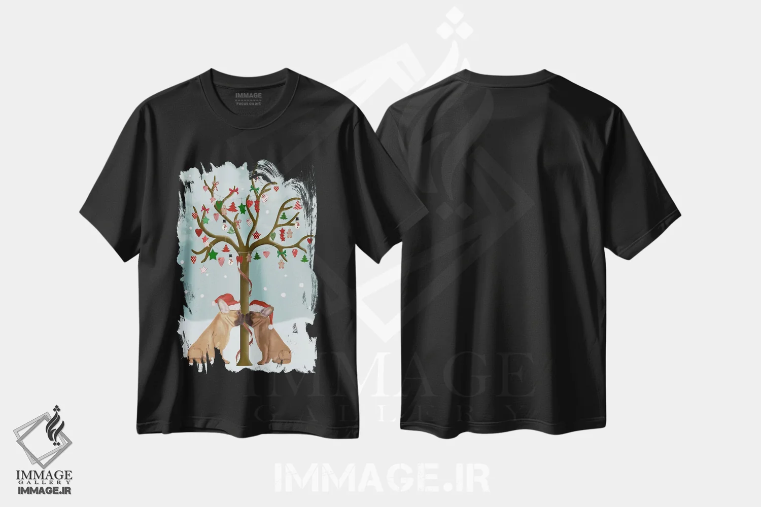 تیشرت مشکی طرح دار بولداگ های فرانسوی و درخت کریسمس، حیوانات کریسمسی اثر فب فانکی | immage.ir