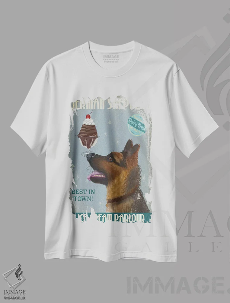 تیشرت سفید طرح دار ژرمن شپرد و بستنی، هنر دیجیتال اثر فب فانکی | immage.ir