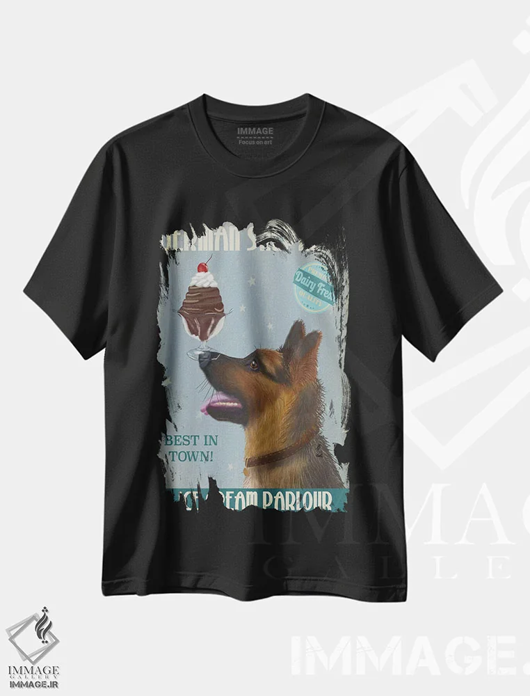 تیشرت مشکی طرح دار ژرمن شپرد و بستنی، هنر دیجیتال اثر فب فانکی | فروشگاه ایماژ