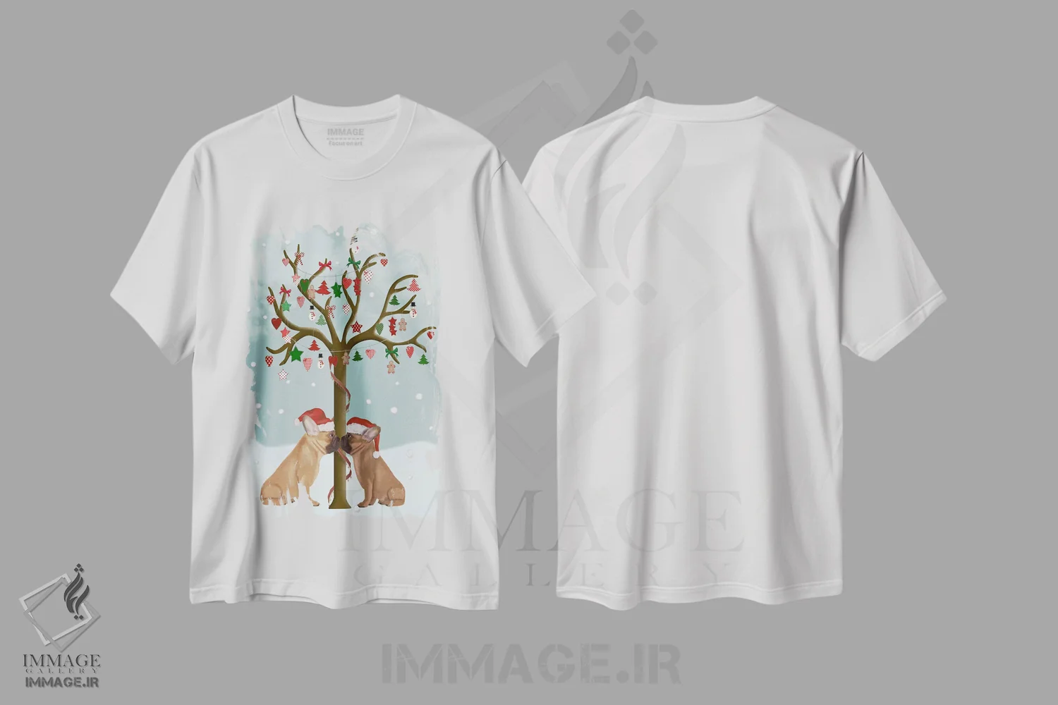 تیشرت سفید طرح دار بولداگ های فرانسوی و درخت کریسمس، حیوانات کریسمسی اثر فب فانکی | فروشگاه ایماژ