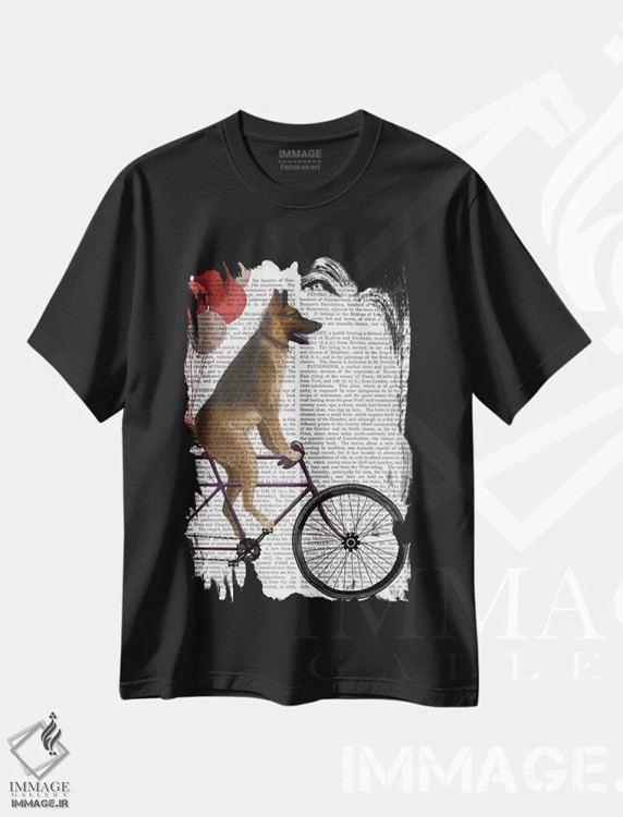 تیشرت مشکی طرح دار ژرمن شپرد روی دوچرخه، پس زمینه چاپی، هنر دیجیتال اثر فب فانکی | immage.ir