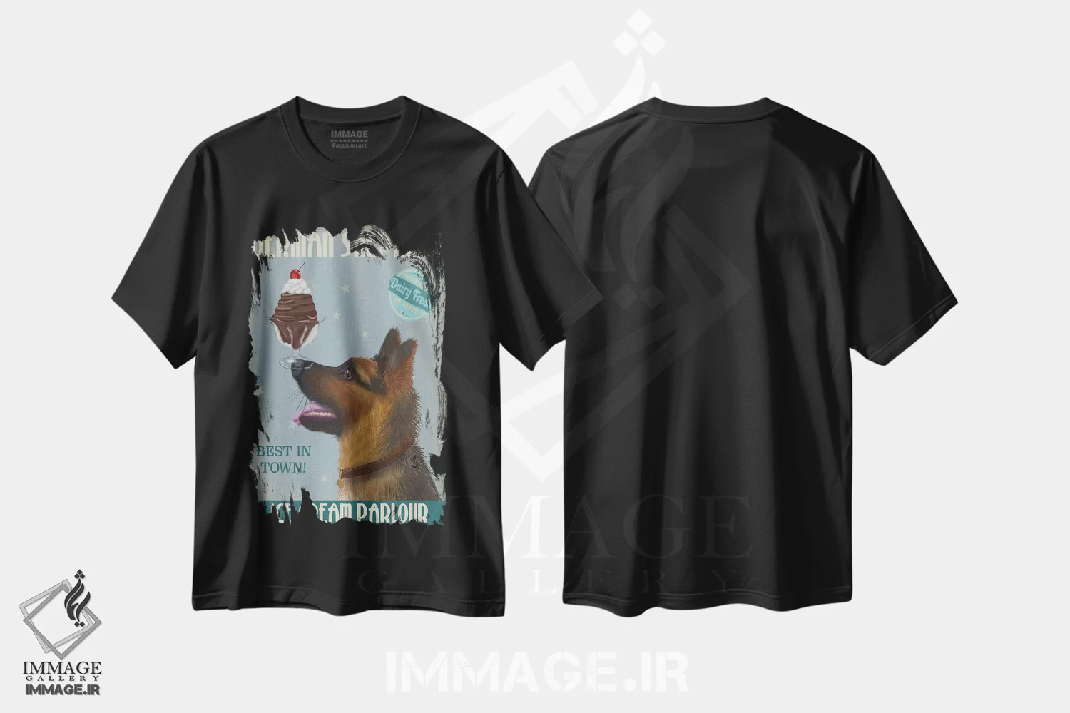 تیشرت مشکی طرح دار ژرمن شپرد و بستنی، هنر دیجیتال اثر فب فانکی | فروشگاه ایماژ