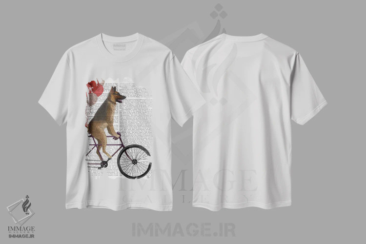 تیشرت سفید طرح دار ژرمن شپرد روی دوچرخه، پس زمینه چاپی، هنر دیجیتال اثر فب فانکی | فروشگاه ایماژ