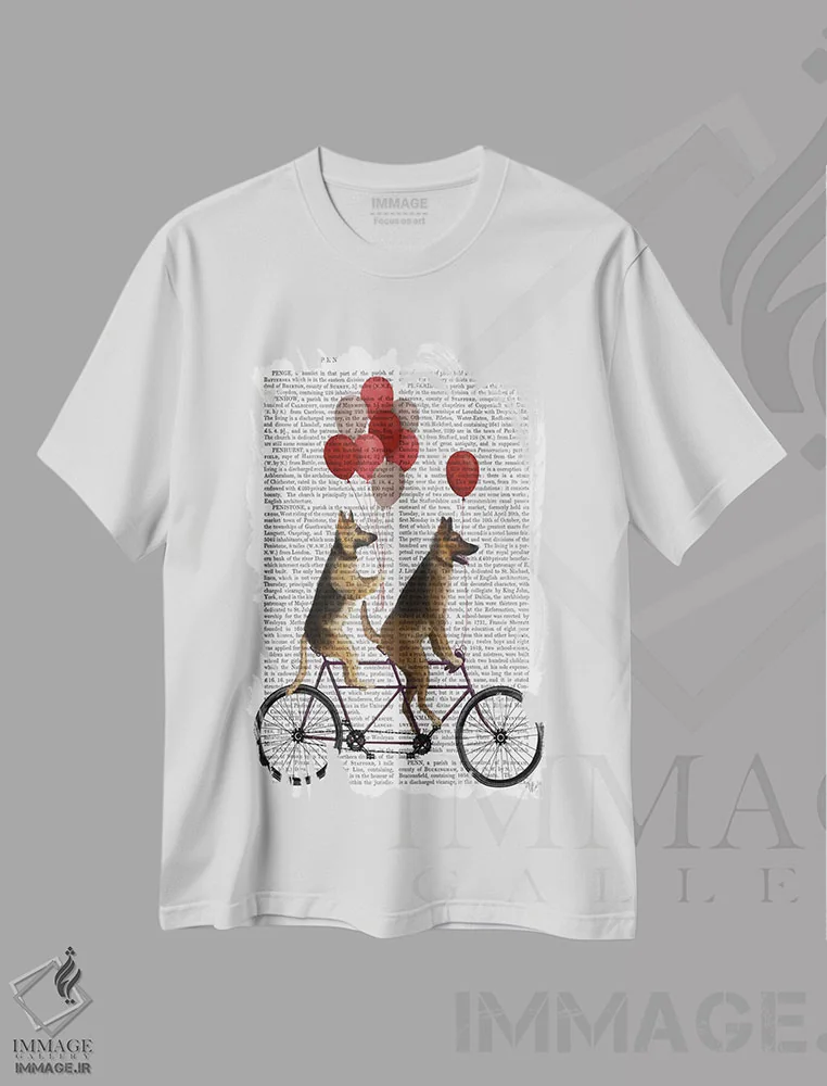 تیشرت سفید طرح دار ژرمن شپرد روی دوچرخه دونفره، پس زمینه چاپی، هنر دیجیتال اثر فب فانکی | فروشگاه ایماژ