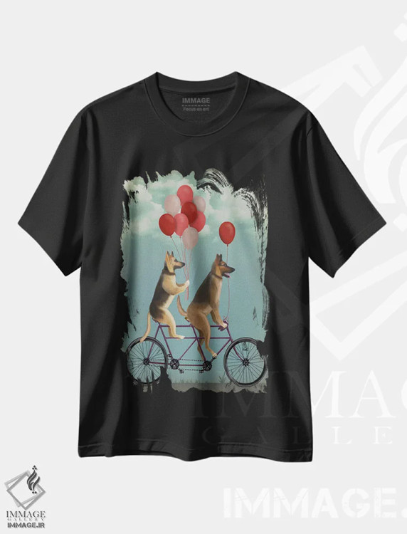 تیشرت مشکی طرح دار ژرمن شپرد روی دوچرخه دونفره، هنر دیجیتال اثر فب فانکی | فروشگاه ایماژ