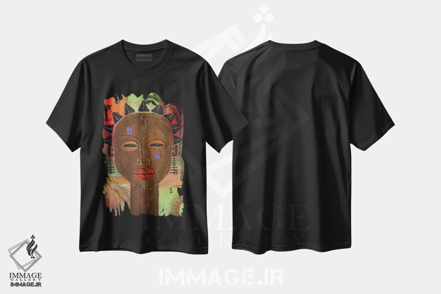 تیشرت مشکی طرح دار سر سنگی قبیله ای، دکور آفریقایی اثر فرد اودل | فروشگاه ایماژ