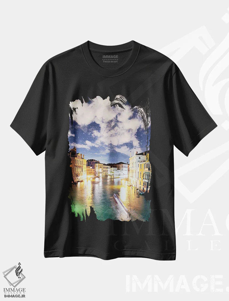تیشرت مشکی طرح دار شب ونیز، پرده برداری از آسمان خیال انگیز، مدیوم اثر فلوریان اولبرشتس | immage.ir