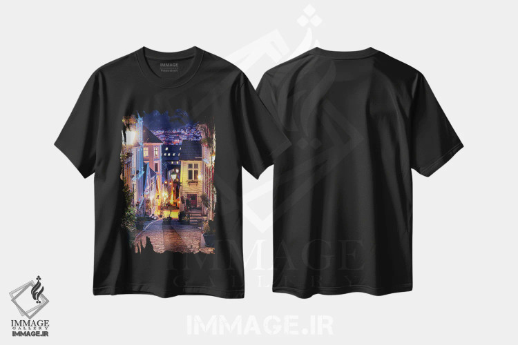 تیشرت مشکی طرح دار خیابان سنگفرش برگن در شب، مدیوم اثر فلوریان اولبرشتس | فروشگاه ایماژ