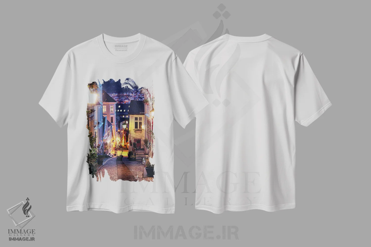 تیشرت سفید طرح دار خیابان سنگفرش برگن در شب، مدیوم اثر فلوریان اولبرشتس | immage.ir