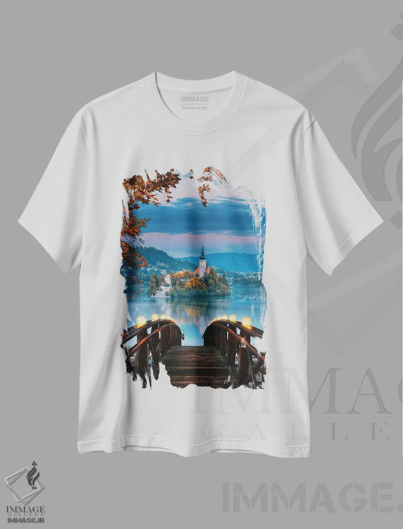 تیشرت سفید طرح دار دریاچه بلد، اسلوونی، هنر فاخر معاصر اثر فلوریان اولبرشتس | فروشگاه ایماژ