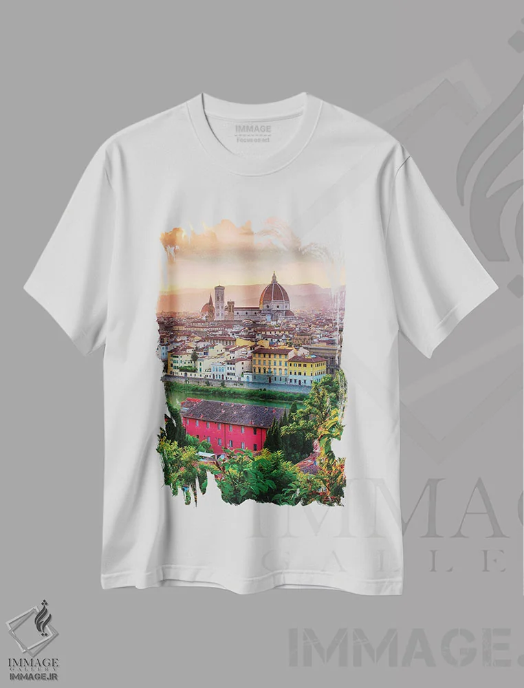 تیشرت سفید طرح دار پرتره فلورانس، ایتالیا، هنر فاخر معاصر اثر فلوریان اولبرشتس | فروشگاه ایماژ