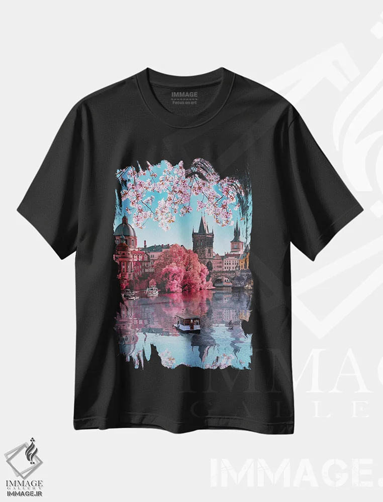 تیشرت مشکی طرح دار بهار در پراگ، هنر فاخر معاصر اثر فلوریان اولبرشتس | فروشگاه ایماژ