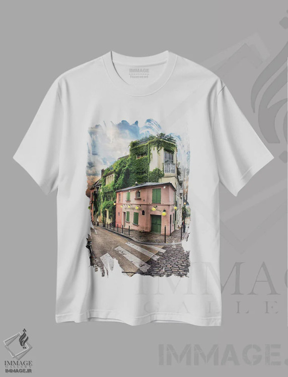 تیشرت سفید طرح دار خانهٔ صورتی، مونمارتر، پاریس، مدیوم اثر فلوریان اولبرشتس | immage.ir