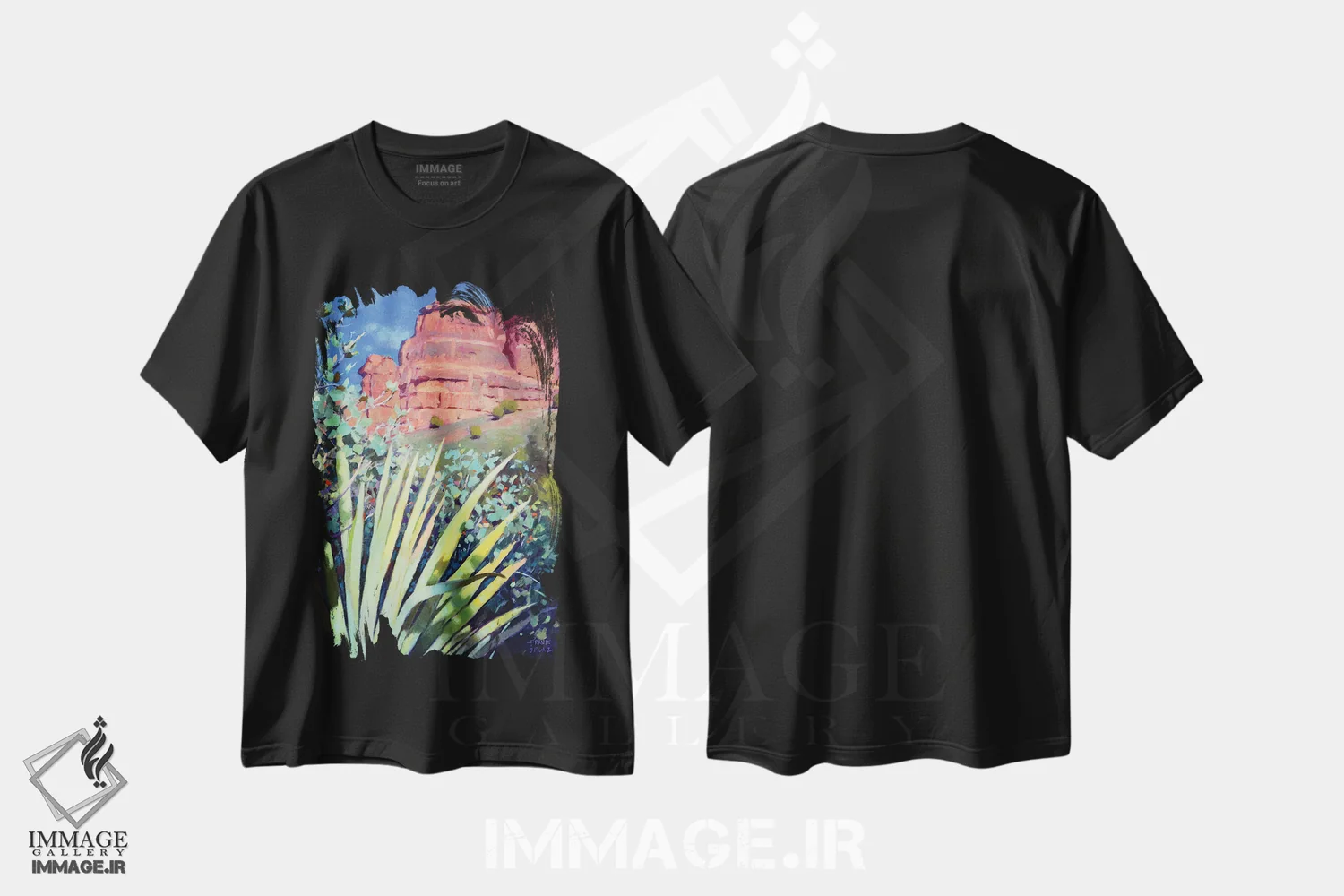 تیشرت مشکی طرح دار در امتداد مسیر افسون، هنر فاخر معاصر اثر فرانک اورداز | فروشگاه ایماژ