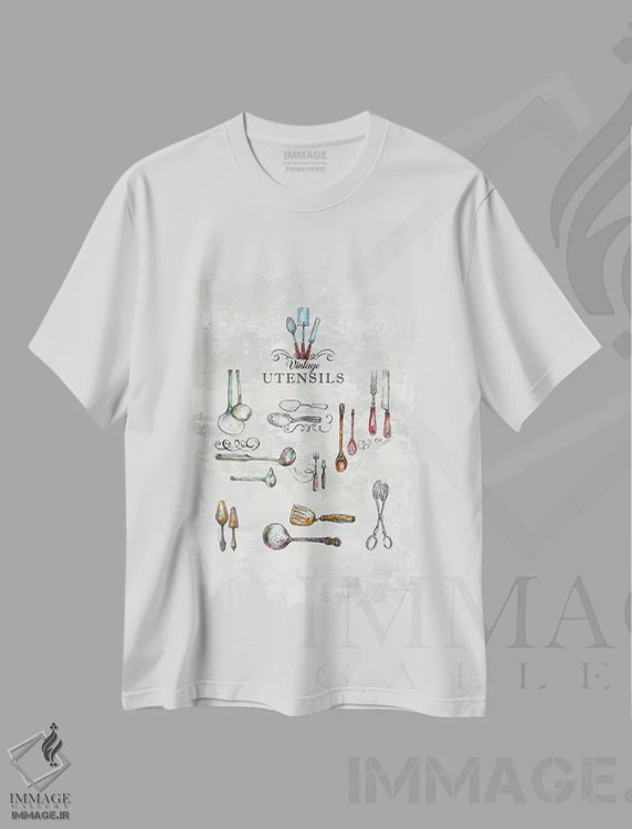 تیشرت سفید طرح دار ابزارهای آشپزخانه قدیمی، تزئینی اثر فانیتسا پترو | immage.ir