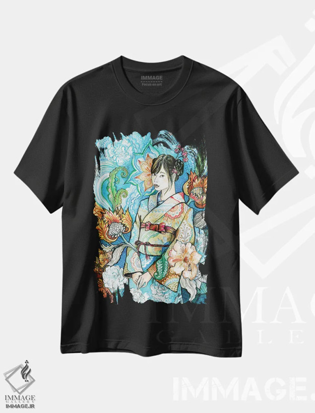 تیشرت مشکی طرح دار زن ژاپنی با کیمونو گلدار ۱، دکور آسیایی اثر فانیتسا پترو | فروشگاه ایماژ