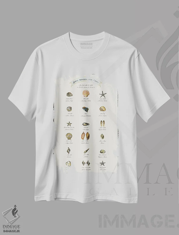 تیشرت سفید طرح دار جدول شناسایی صدف ها، دکور ساحلی اثر فانیتسا پترو | immage.ir