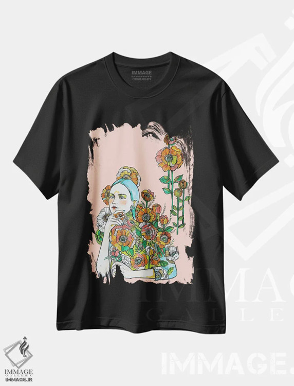 تیشرت مشکی طرح دار موهای آبی و گل ها، تزئینی اثر فانیتسا پترو | فروشگاه ایماژ