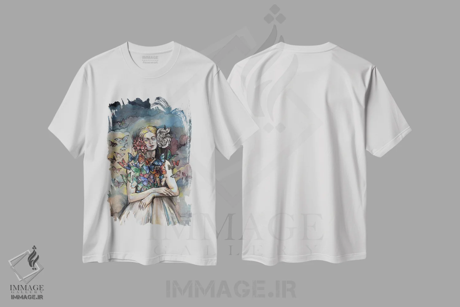 تیشرت سفید طرح دار زن پروانه ای، هنر فاخر معاصر اثر فانیتسا پترو | فروشگاه ایماژ