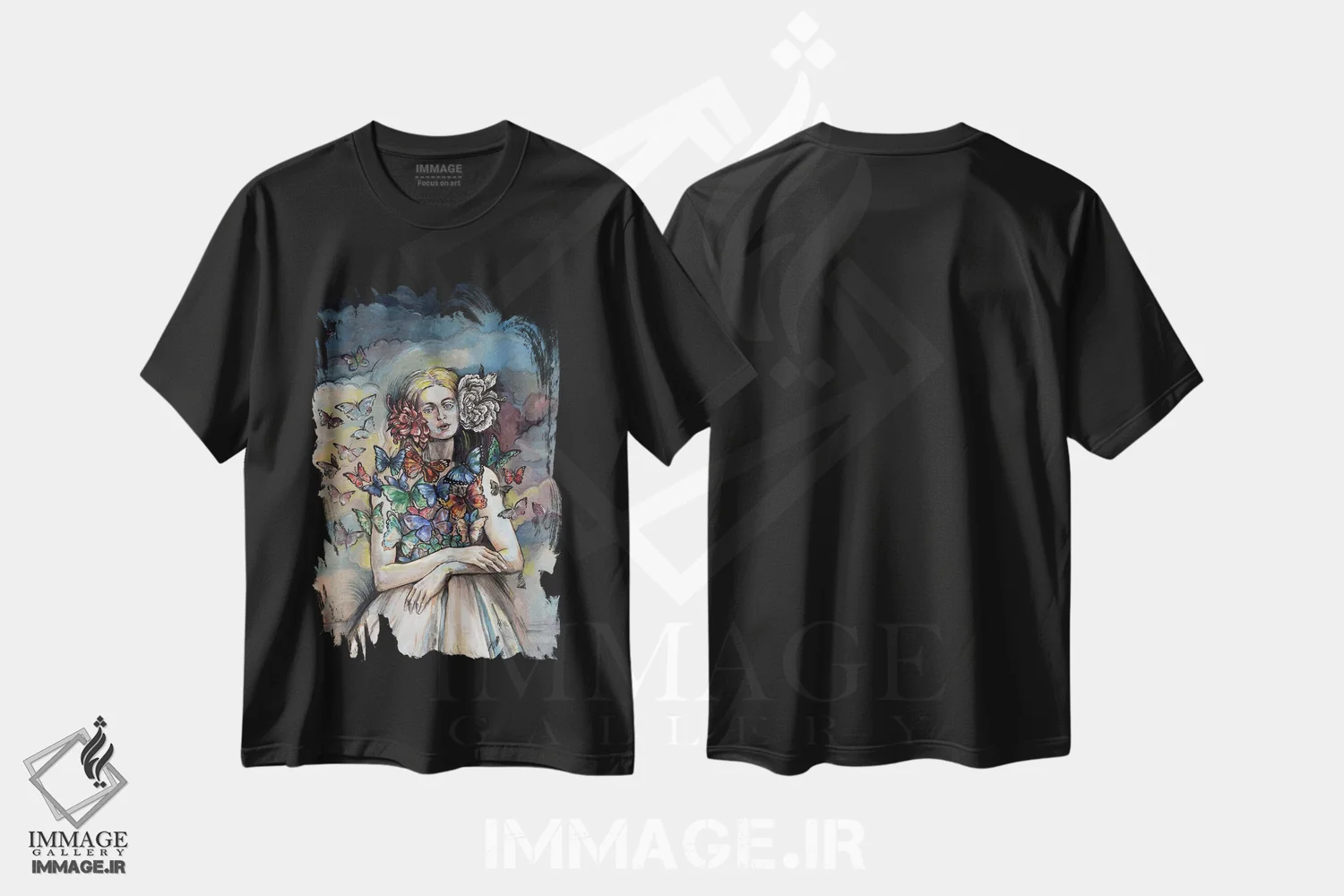 تیشرت مشکی طرح دار زن پروانه ای، هنر فاخر معاصر اثر فانیتسا پترو | immage.ir