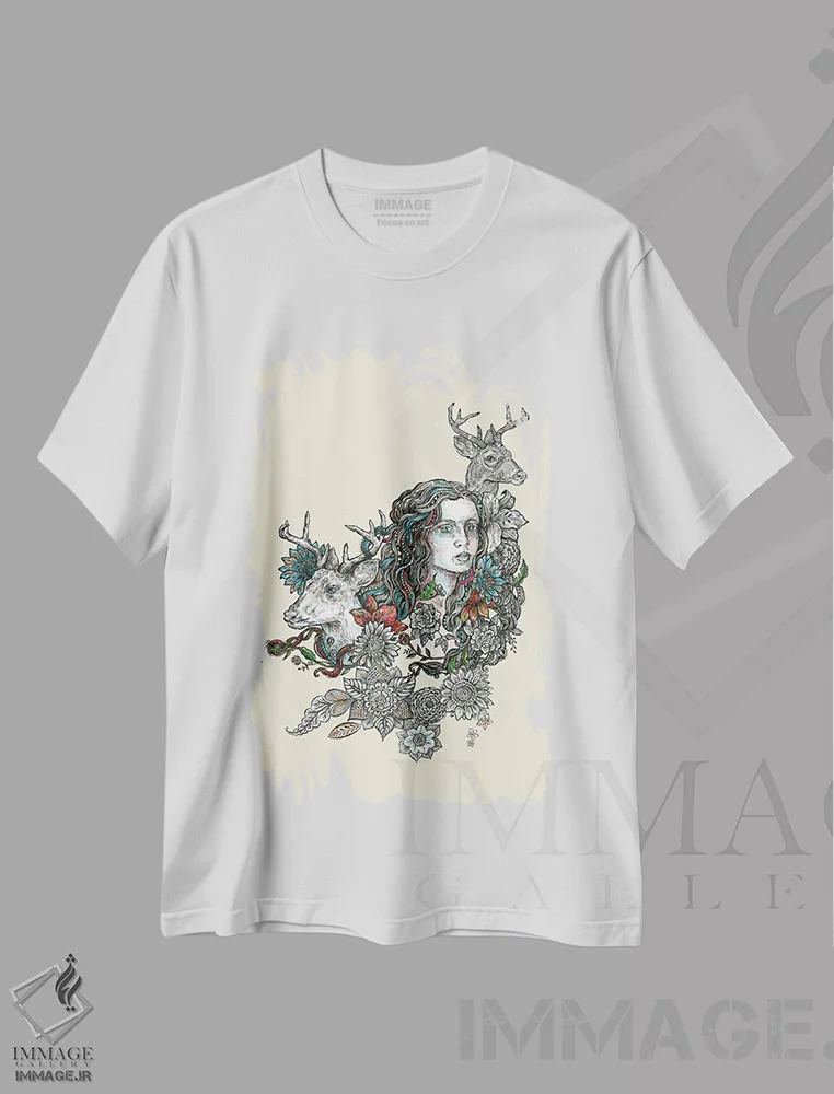 تیشرت سفید طرح دار حیوان روحی: گوزن، دست نقاشی و طراحی دستی اثر فانیتسا پترو | immage.ir