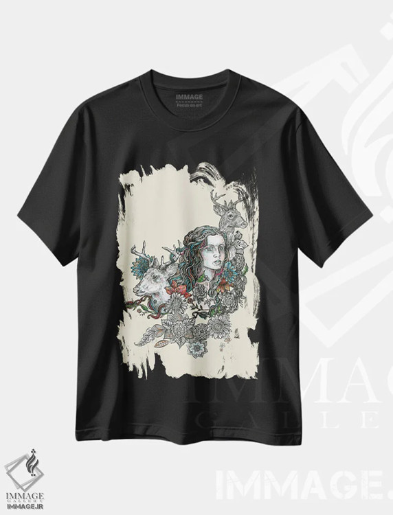 تیشرت مشکی طرح دار حیوان روحی: گوزن، دست نقاشی و طراحی دستی اثر فانیتسا پترو | فروشگاه ایماژ