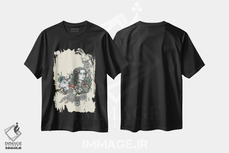 تیشرت مشکی طرح دار حیوان روحی: گوزن، دست نقاشی و طراحی دستی اثر فانیتسا پترو | فروشگاه ایماژ