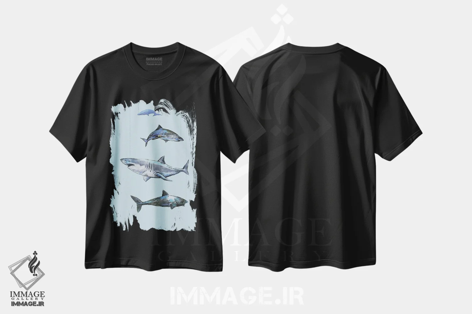 تیشرت مشکی طرح دار چهار کوسه، دست نقاشی و طراحی دستی اثر فانیتسا پترو | immage.ir