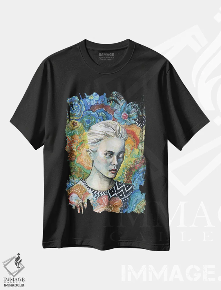 تیشرت مشکی طرح دار هندسی گلدار، دست نقاشی و طراحی دستی اثر فانیتسا پترو | immage.ir