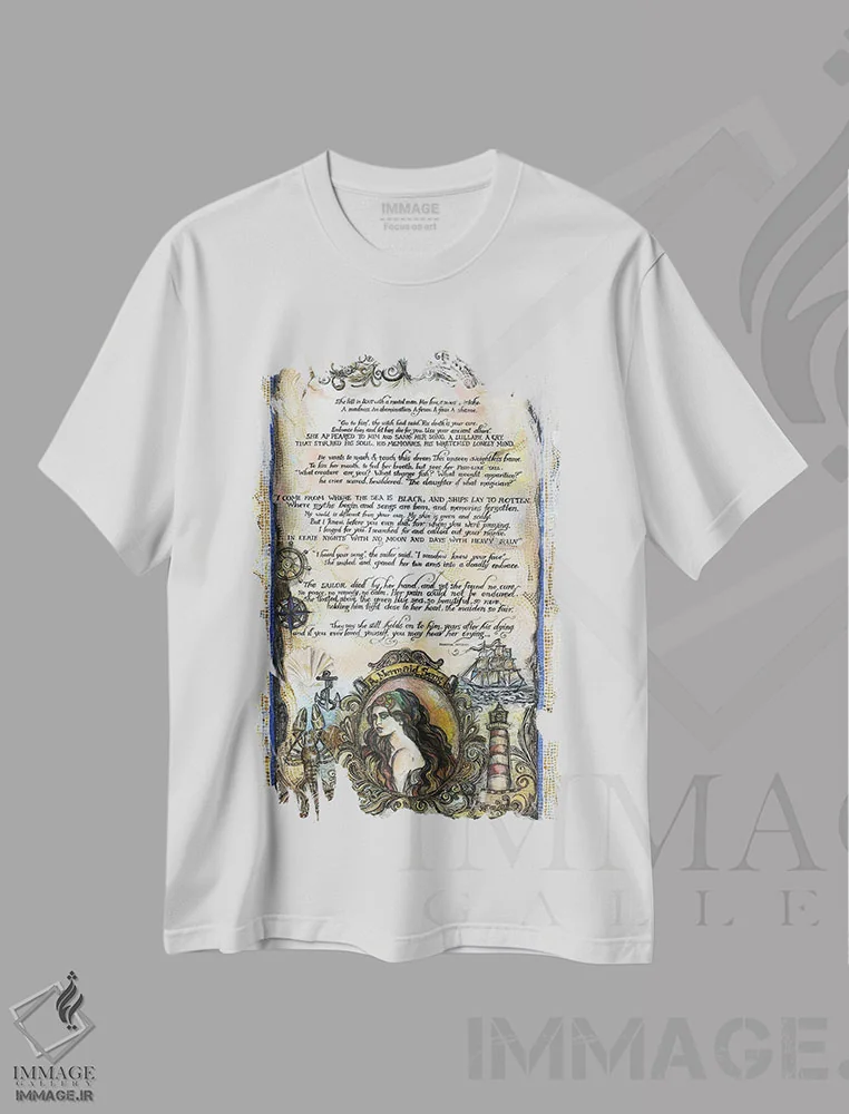 تیشرت سفید طرح دار داستان ملوان و پری دریایی ۱، تزئینی اثر فانیتسا پترو | immage.ir