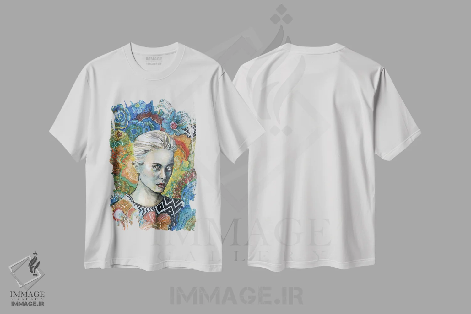 تیشرت سفید طرح دار هندسی گلدار، دست نقاشی و طراحی دستی اثر فانیتسا پترو | فروشگاه ایماژ