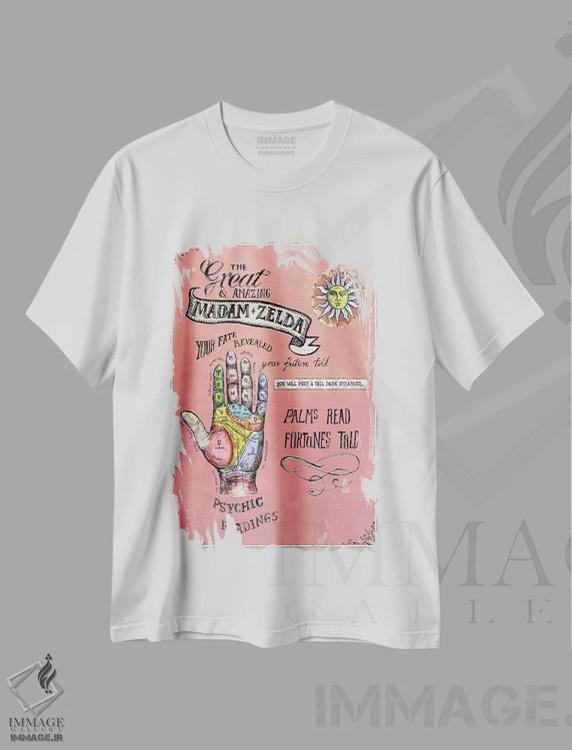 تیشرت سفید طرح دار پوستر فالگیری، دست نقاشی و طراحی دستی اثر فانیتسا پترو | immage.ir