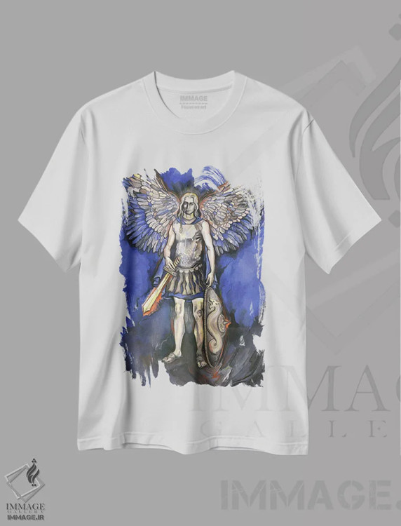 تیشرت سفید طرح دار هفت فرشتهٔ مقرب؟ - فرشته میکائیل، دکوراسیون جایگزین اثر فانیتسا پترو | فروشگاه ایماژ