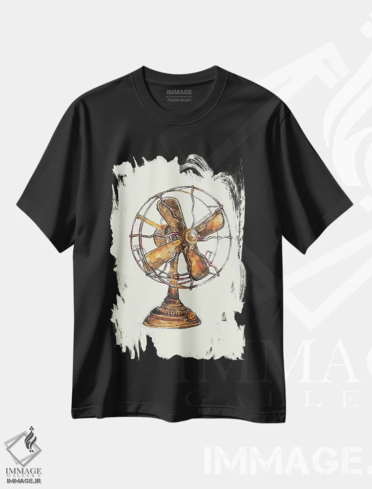 تیشرت مشکی طرح دار پنکهٔ قدیمی، تزئینی اثر فانیتسا پترو | فروشگاه ایماژ