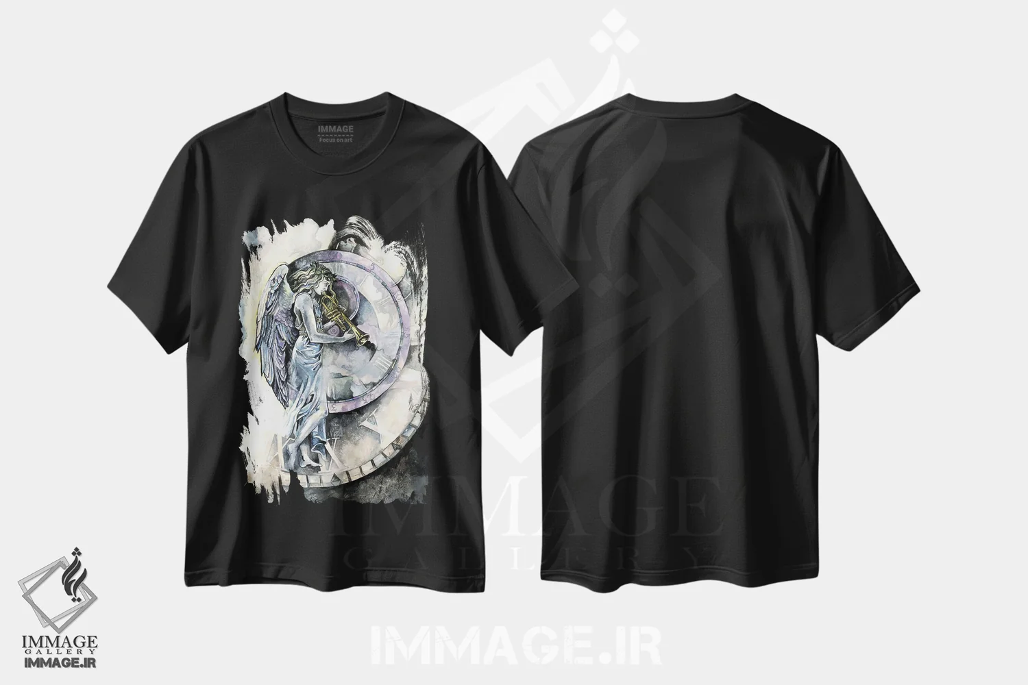 تیشرت مشکی طرح دار فرشتهٔ زمان، دکوراسیون جایگزین اثر فانیتسا پترو | فروشگاه ایماژ