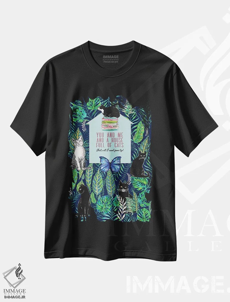 تیشرت مشکی طرح دار تو و من و خانه ای پر از گربه ها، دکور بوهمی اثر فانیتسا پترو | فروشگاه ایماژ