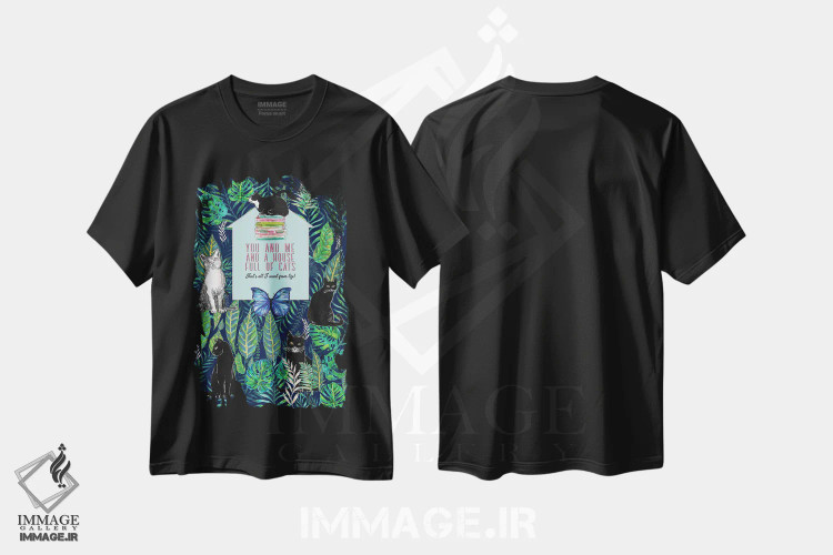 تیشرت مشکی طرح دار تو و من و خانه ای پر از گربه ها، دکور بوهمی اثر فانیتسا پترو | فروشگاه ایماژ