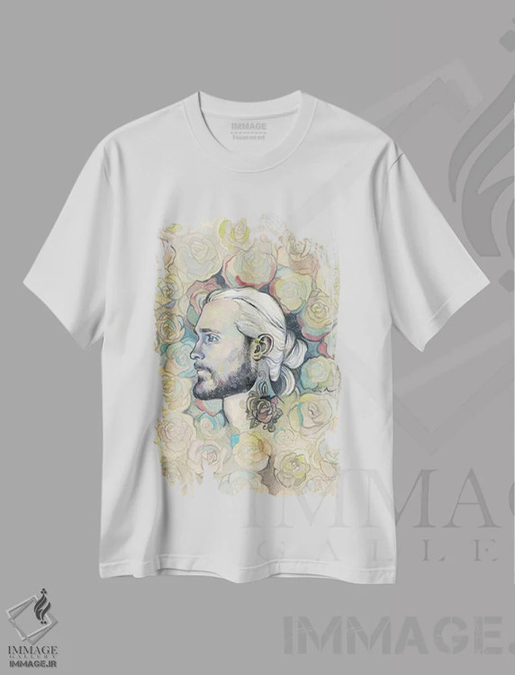 تیشرت سفید طرح دار تتو گل رز، دست نقاشی و طراحی دستی اثر فانیتسا پترو | فروشگاه ایماژ