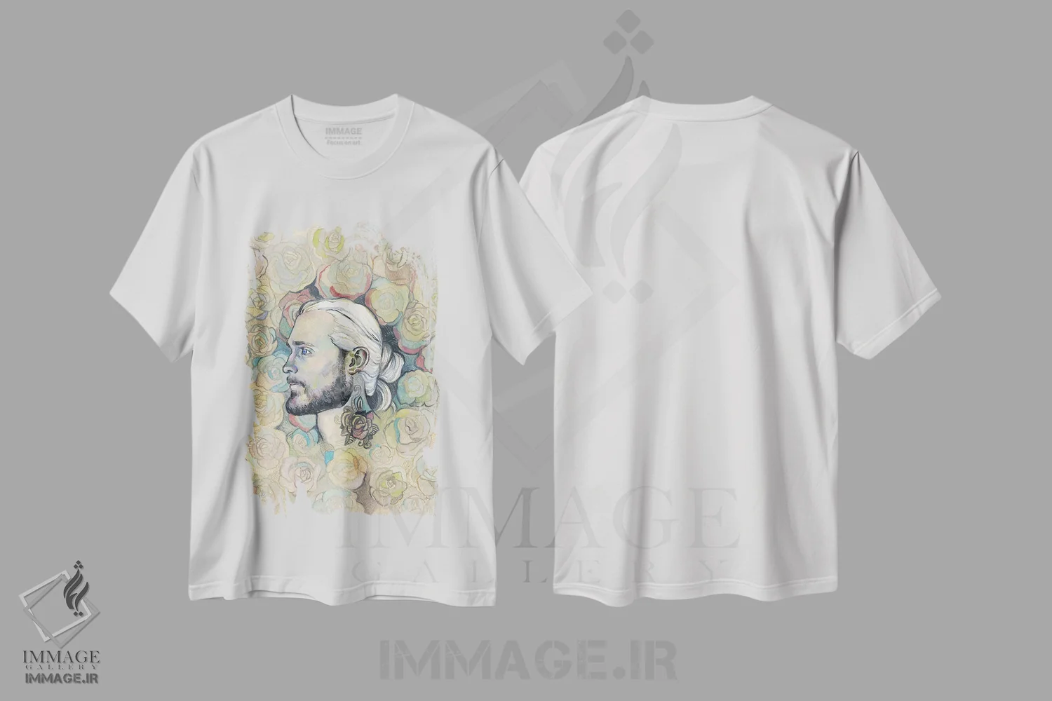 تیشرت سفید طرح دار تتو گل رز، دست نقاشی و طراحی دستی اثر فانیتسا پترو | فروشگاه ایماژ