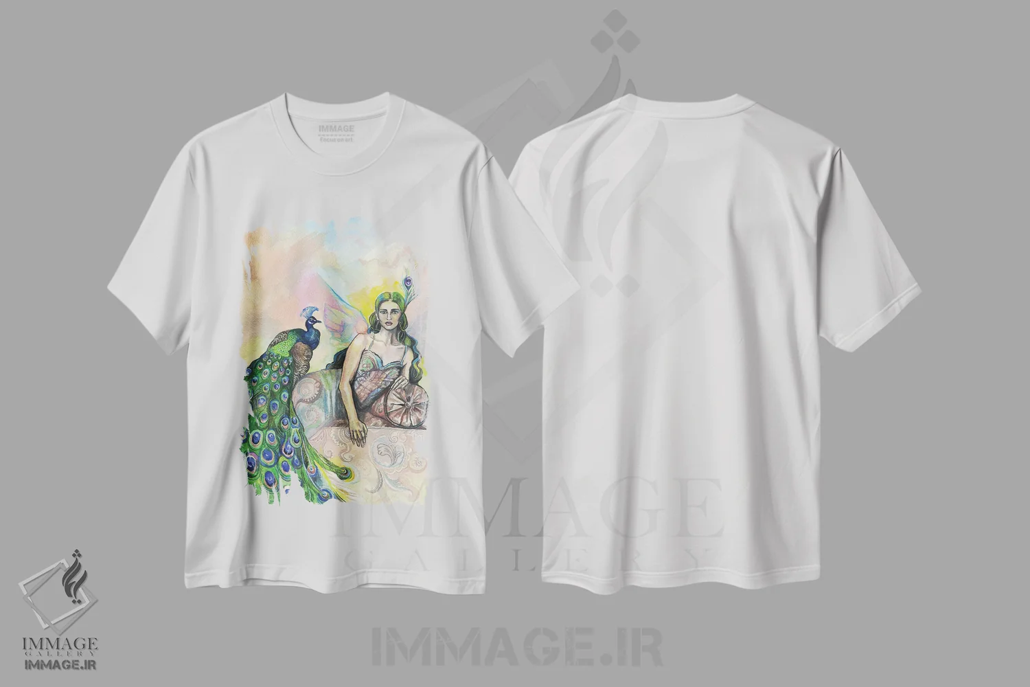 تیشرت سفید طرح دار بانوی طاووس ها، دکوراسیون جایگزین اثر فانیتسا پترو | فروشگاه ایماژ
