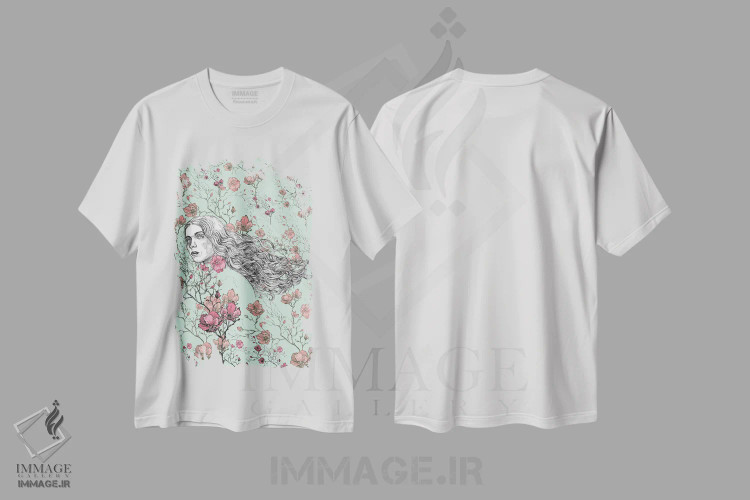 تیشرت سفید طرح دار زن در مرغزاری با گل های قرمز، دکور معاصر اثر فانیتسا پترو | فروشگاه ایماژ