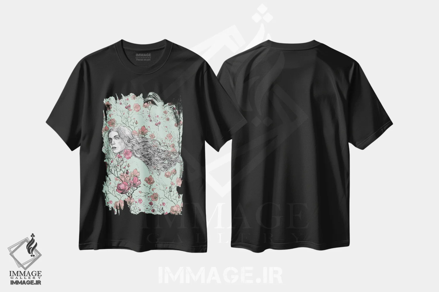 تیشرت مشکی طرح دار زن در مرغزاری با گل های قرمز، دکور معاصر اثر فانیتسا پترو | immage.ir