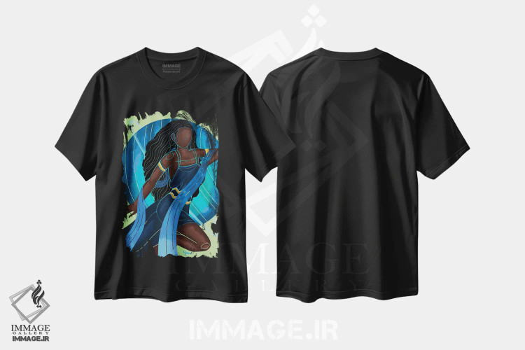 تیشرت مشکی طرح دار برج دلو، هنر آمریکایی آفریقایی تبار اثر نیدیا دراز | فروشگاه ایماژ