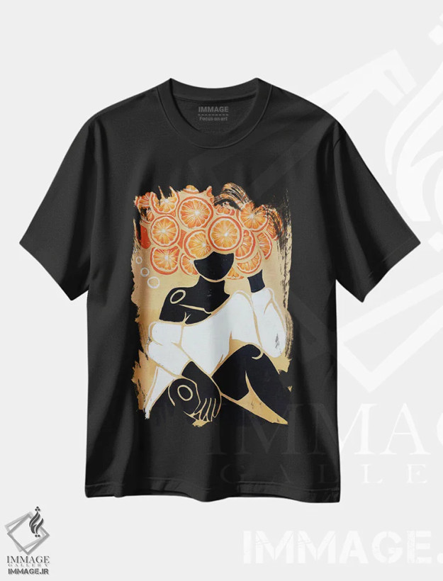 تیشرت مشکی طرح دار نارنگی، هنر آمریکایی آفریقایی تبار اثر نیدیا دراز | فروشگاه ایماژ
