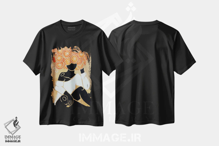 تیشرت مشکی طرح دار نارنگی، هنر آمریکایی آفریقایی تبار اثر نیدیا دراز | فروشگاه ایماژ
