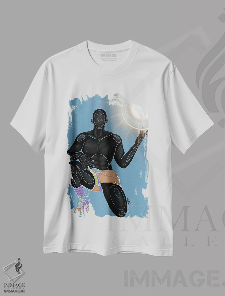 تیشرت سفید طرح دار مهار کردن خورشید، هنر آمریکایی آفریقایی تبار اثر نیدیا دراز | فروشگاه ایماژ