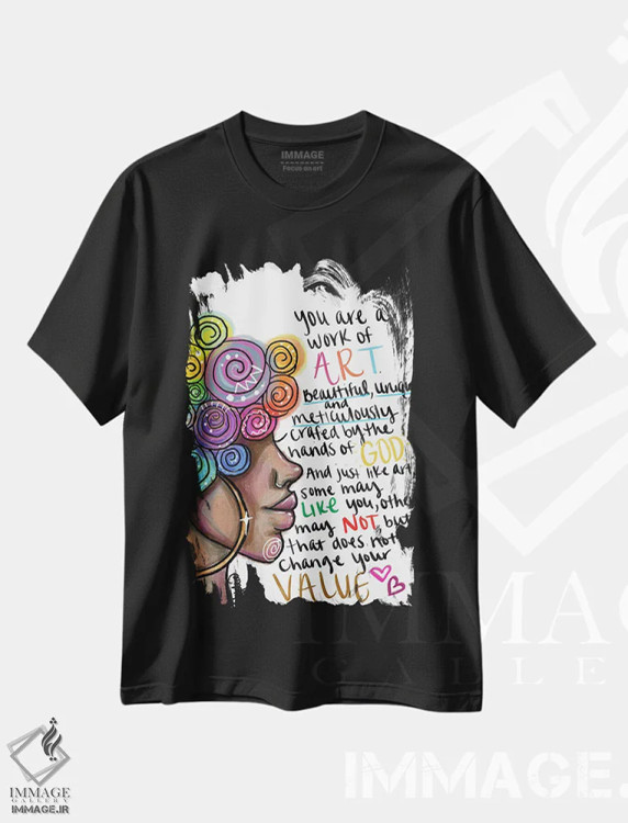 تیشرت مشکی طرح دار یک پیام، هنر آمریکایی آفریقایی تبار اثر نیدیا دراز | فروشگاه ایماژ