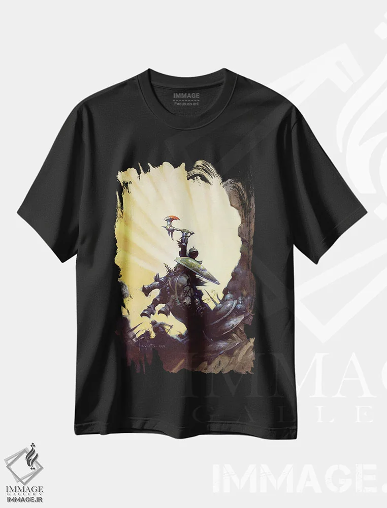 تیشرت مشکی طرح دار "قهرمان جاودان"، هنر فاخر معاصر اثر فرانک فرزتا | فروشگاه ایماژ