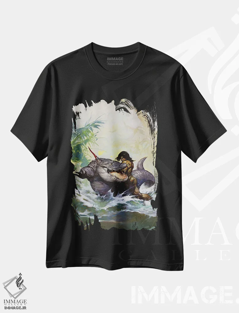 تیشرت مشکی طرح دار "هیولای بیرون از زمان" اثر فرانک فرزتا | immage.ir