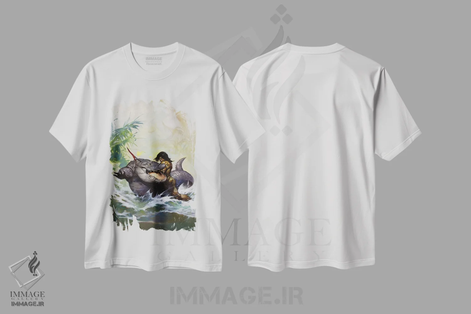 تیشرت سفید طرح دار "هیولای بیرون از زمان" اثر فرانک فرزتا | فروشگاه ایماژ